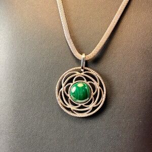 Vintage Milor Malachite Pendant Necklace Silver Tone Mesh Boho Statement